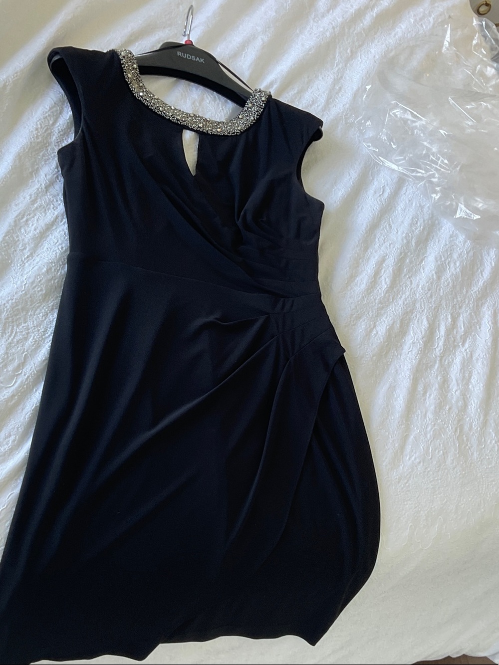 Alex Evenings Black Midi Dress with Jeweled Collar